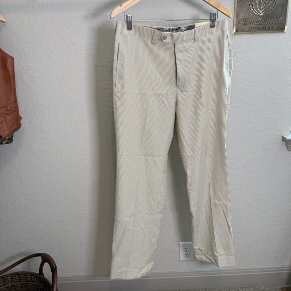 Men's Lauren Ralph Lauren Tan White Striped Seersucker‎ Dress Pants 33 x 32 NEW - Picture 10 of 11